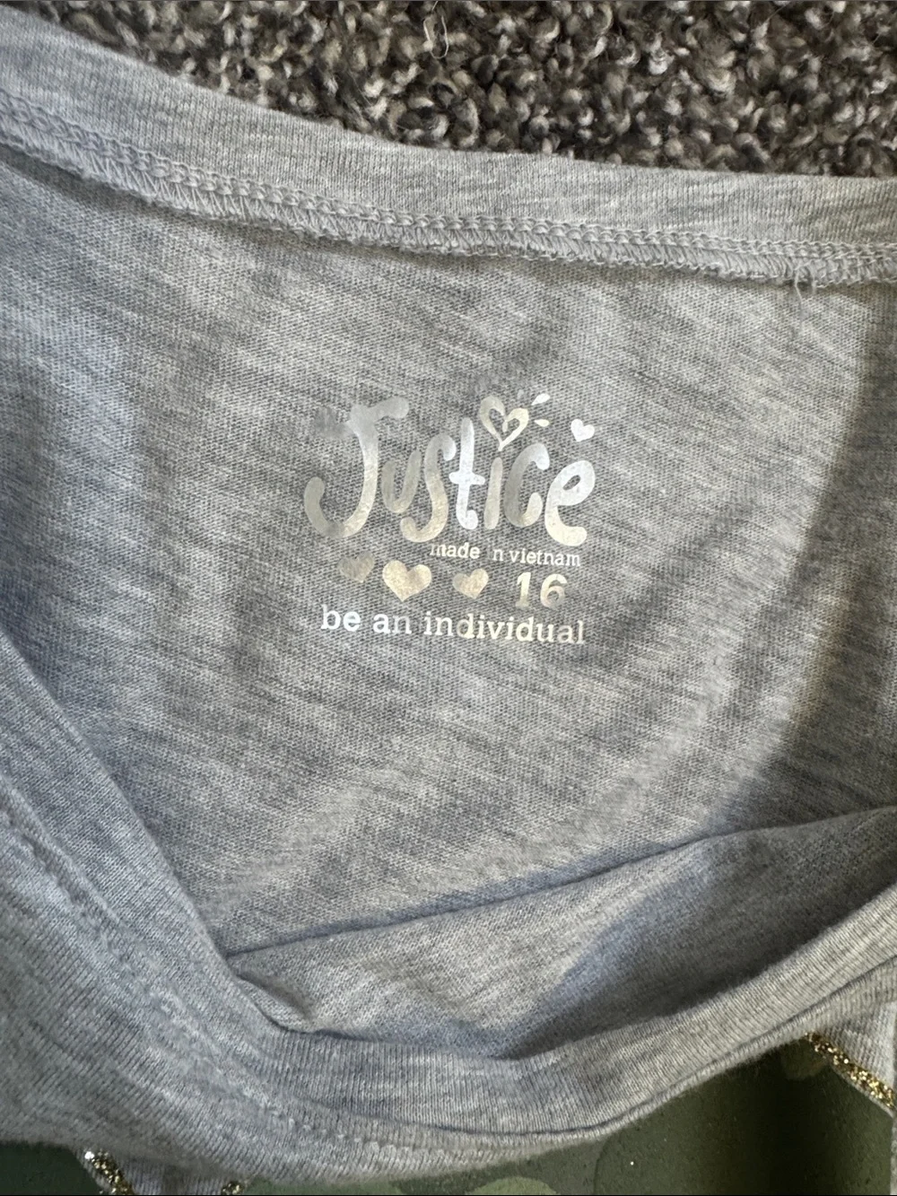 Justice Grey Pullover with Green Camo Heart and Olive Sequin Sleeves